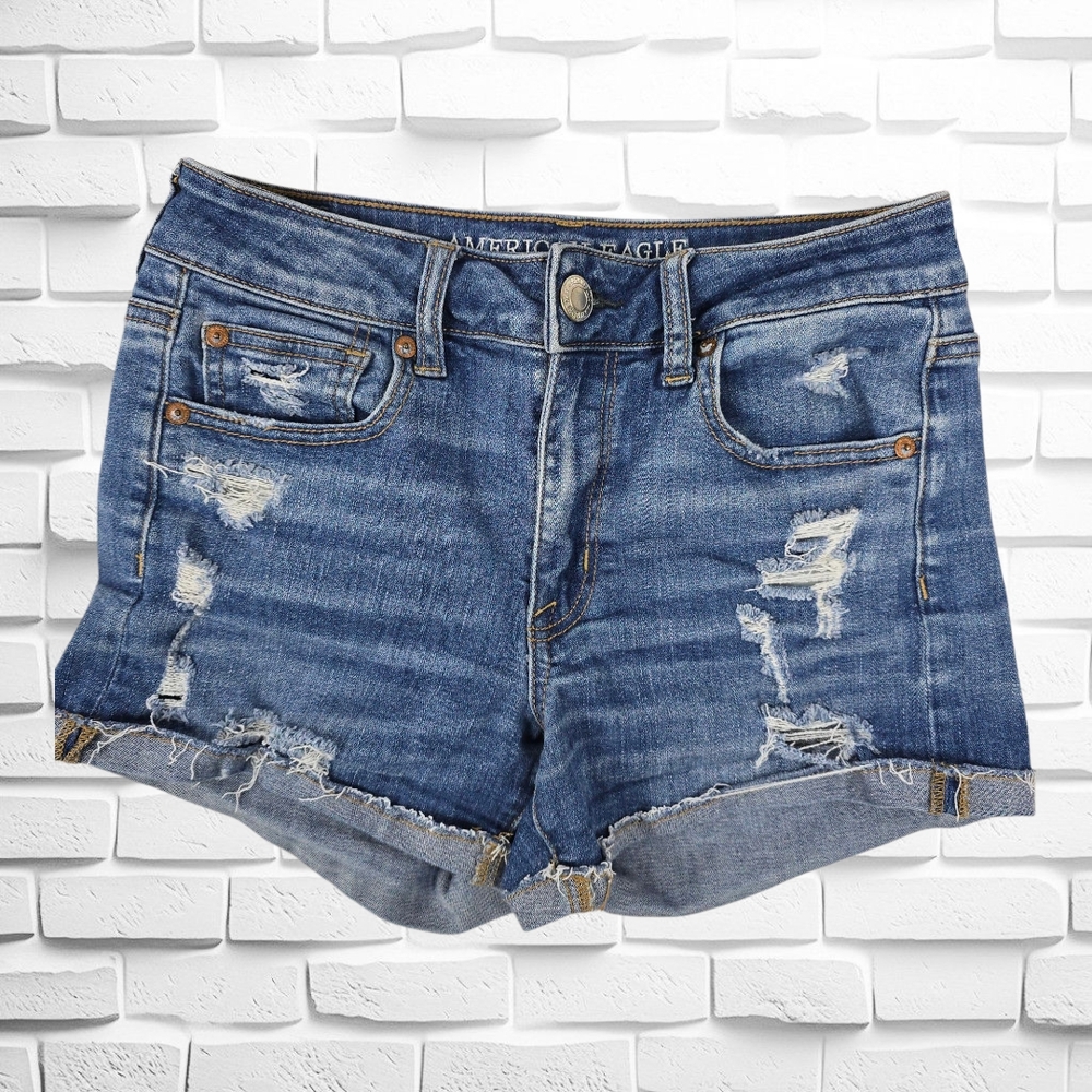 American Eagle Outfitters Super Stretch Hi Rise Shortie Blue Denim Shorts